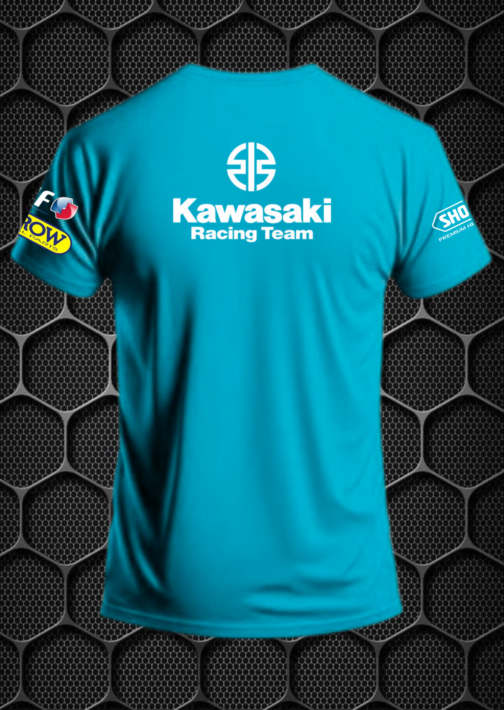 KAWASAKI NINJA WITH MONSTER ENERGY LOGO RIDING MEN’S SHORT SLEEVE BLUE T-SHIRT PRISM GUARD (V NECK) (L,XL) - Image 3