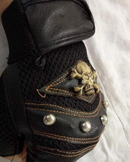 MENS REAL LEATHER SKULL ROCKER DRIVING MOTORBIKER FINGERLES GLOVES PRISM GUARD